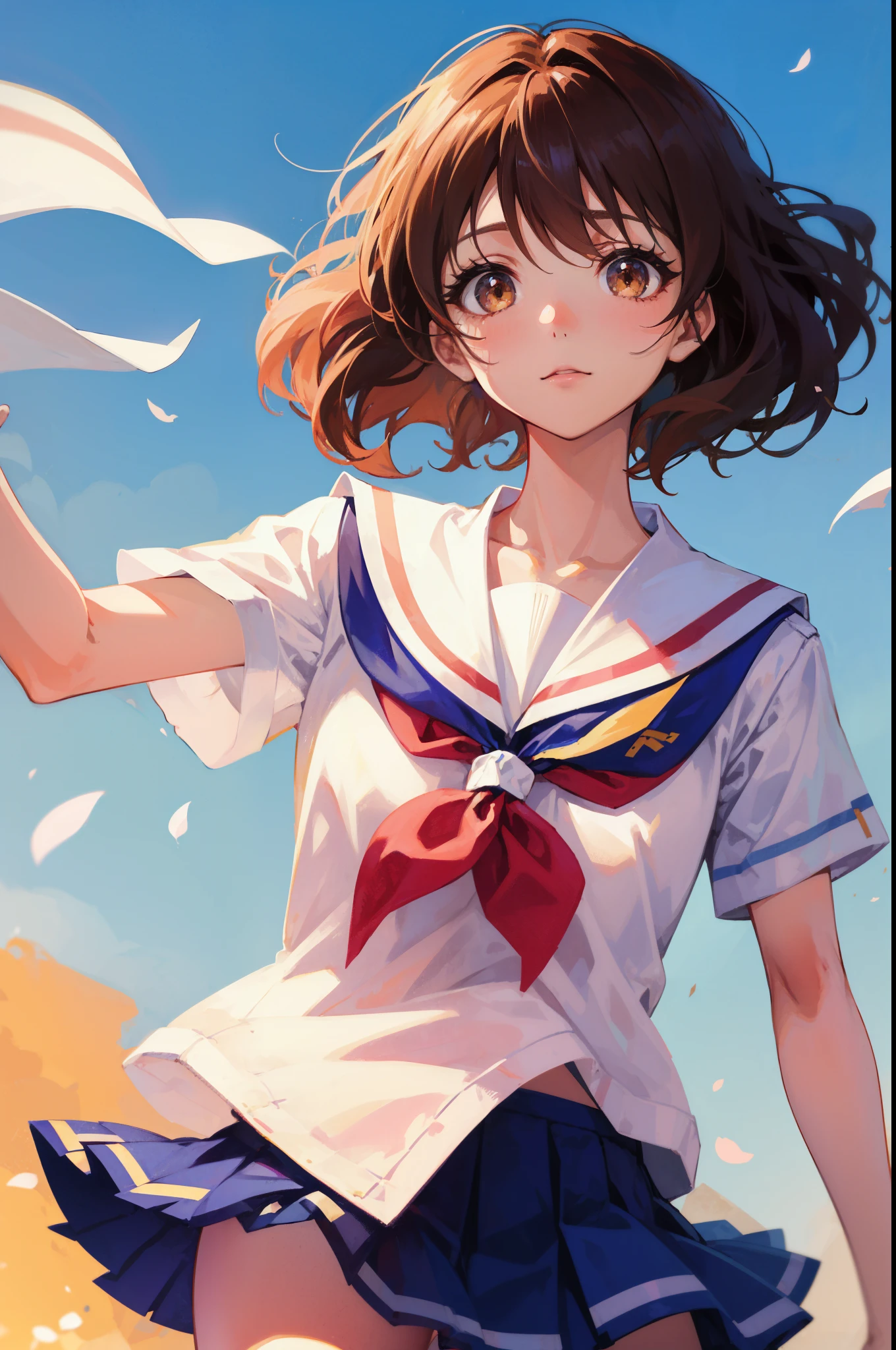 best pictures, Kumiko、masutepiece, 1girl in、​masterpiece、super precision、solo、Kumiko Omae、a park、Beautiful flowers々Park in full bloom、An amusement park、Kitauji High School Uniform, neckerchief, pink neckerchief, Pleated skirt, School uniform, serafuku, Shirt, Short sleeves, Skirt, White shirt、best pictures, Short hair, Wavy Hair、High quality anime girl with brown hair and brown eyes、[3D Images:1.25],[Attractive eyes,A detailed eye、radiant eyes, Colorful eyes:1.1]],Absolute references、Cowboy Shot