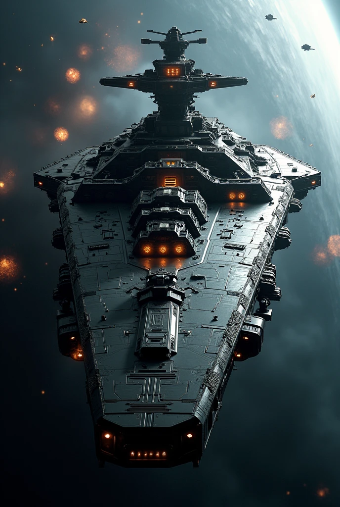 a massive battleship in deep space, enormous futuristic warship, epic space battle, detailed machinery, glowing energy weapons, intense dogfight, dramatic lighting, cinematic composition, dark moody sci-fi atmosphere, (best quality,8k,highres,masterpiece:1.2),ultra-detailed,(realistic,photorealistic,photo-realistic:1.37),highly detailed spaceship, dramatic lighting, cinematic composition, intricate futuristic technology, intense space combat, dramatic explosions, dark moody sci-fi aesthetic