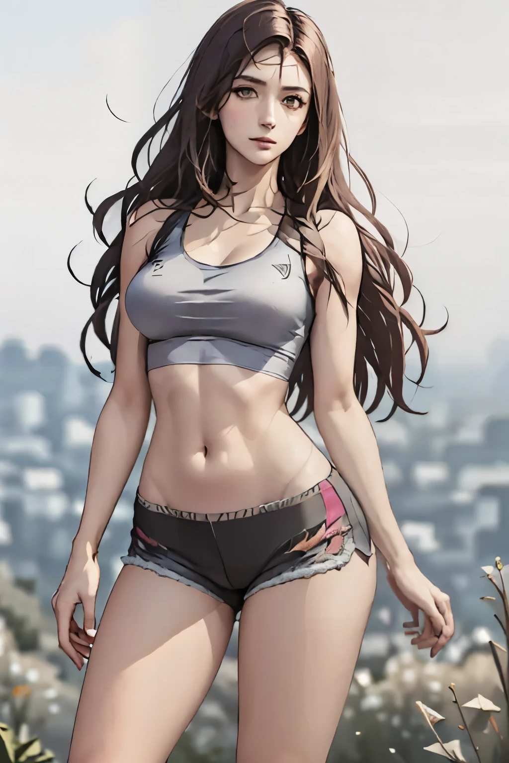 kaisa league of legends, fully body, perfectbody, with a short tank top,shorts sports, Super long hair, face detailed, on a mountain, high resolution, super detaill, 8k, Overview
