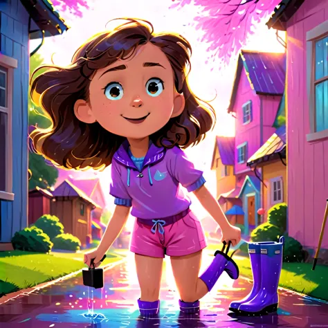 clara, a   girl, with brown wavy hair, happy expression, she is drawing, wearing pink shorts, purple shirt and blue rain boots. ...