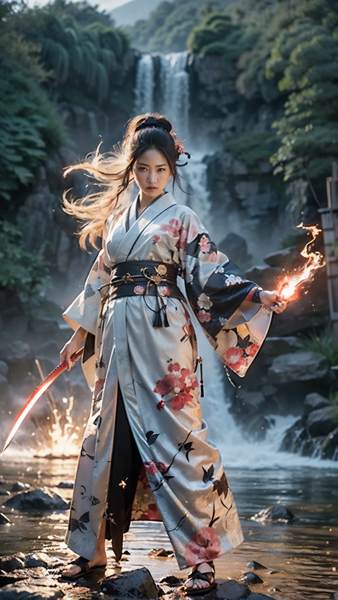 ((((A colorful kimono with a red base)))), (Ultra HD, Highest quality, High resolution, Surreal, so beautiful), 24000dpi, Beautiful woman, Long Tail, Well-formed eyes, young woman, greatest visual acuity, 1, Fascinating, Japanese women, ((Japanese Kimono:1.2, Seraphim)), (((2 Foot Knife, She has an electric Japanese sword., Both directions))), Blue Lightning, Charge Move, Special Move Stance, All-in-one, (Seven swords fly around her), whole body, Exquisite details, Graceful posture, Powerful, force, attack