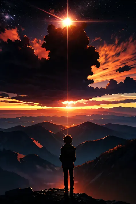 create the following image in anime style: a young protagonist, with determined expression, standing on top of a mountain, looki...