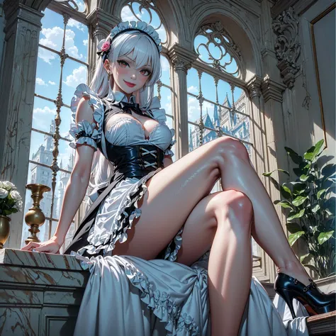 ((1girl, solo, alone, Ninym, white hair, red eyes, hair ornament, small breasts, long hair, fitness)), ((solo, (1woman, pink lipstick), Extremely detailed, ambient soft lighting, 4k, perfect eyes, a perfect face, perfect lighting, a 1girl)), (( maid, victorian maid, maid outfit, maid dress, frill, lace, stockings, high heels, victorian mansion, fine jewelry, smug smile, roman mosaic, marble ))