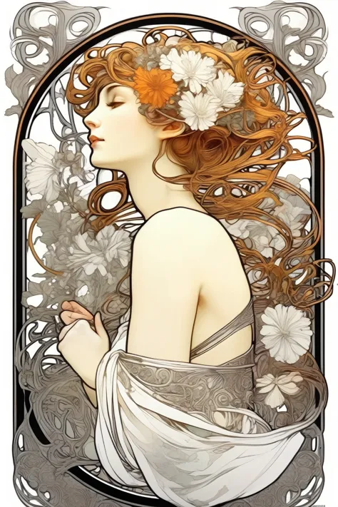 alphonse mucha style - white background, art nouveau in the mucha style, bold line, high contrast, black, white, no gray, detail...