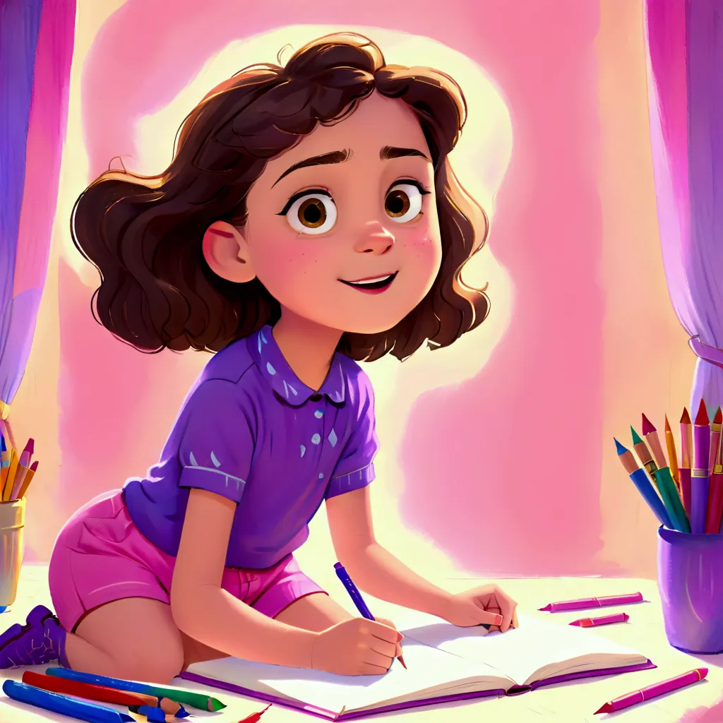 clara, a  girl with brown wavy hair, drawing with crayons, happy expression, wearing pink shorts, purple shirt and blue boots. d...