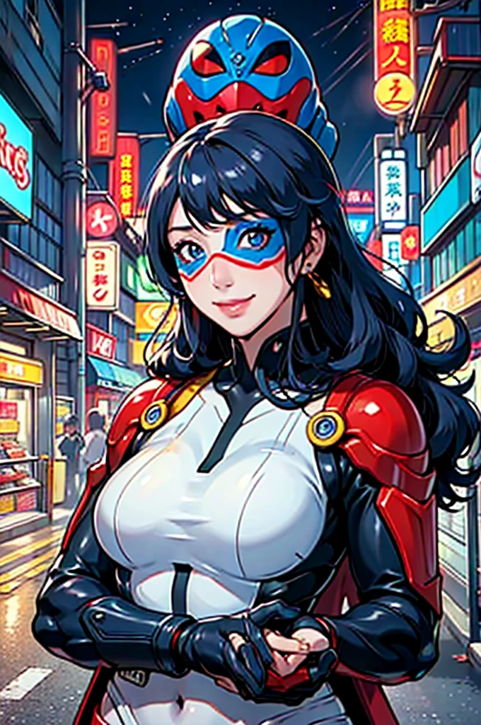 (8k),(masterpiece),(Japanese),( long hair girl),((innocent look)),((Childish)),From the front,smile,cute,Innocent,Kind eyes,Flat chest, red helmet,blue domino mask, messy haired Strong wind,night,dark, Neon light cyberpunk city,Kamen_Rider,camisa