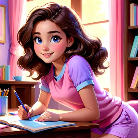 clara, a  girl with brown wavy hair, she is drawing, happy expression, wearing blue boots,  pink shorts and a purple shirt. deta...