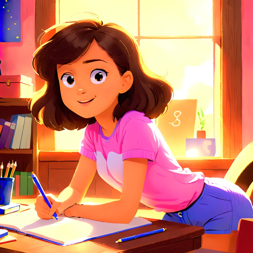 Clara, a  girl with brown wavy hair, she is drawing, happy expression, wearing blue boots,  pink shorts and a purple shirt. Detailed face, intricate details, colorful, cozy indoor setting, beautiful lighting, soft pastel colors, warm tones, cinematic composition, award winning illustration, highly detailed, photorealistic, 8k, masterpiece, professional, award winning, cinematic lighting, soft focus, beautiful composition, consistent character. The illustration should be simple and clean. The style of the illustration resembles a classic children's book, combining a cartoon with a watercolor illustration with thick lines outlining the image.