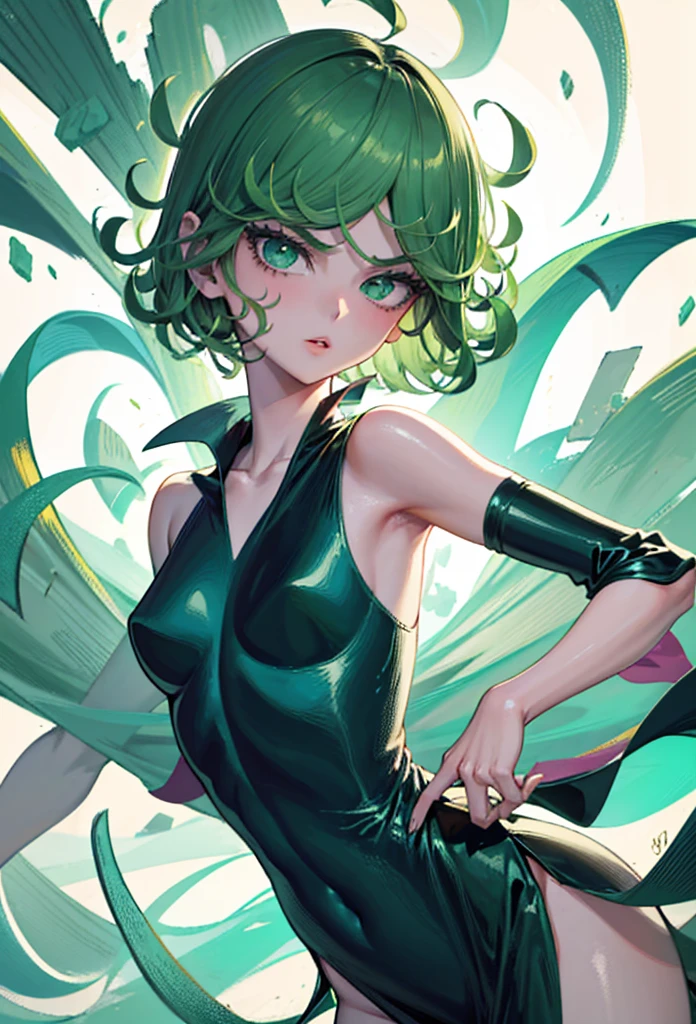 (top-quality, 8K, 12), 1 girl, tatsumaki, Short Hair Hair, Green hair, flat chested, the perfect body, ultra detail face, Detailed lips, Slender eyes, gown, stands, enticing, excited, frombelow