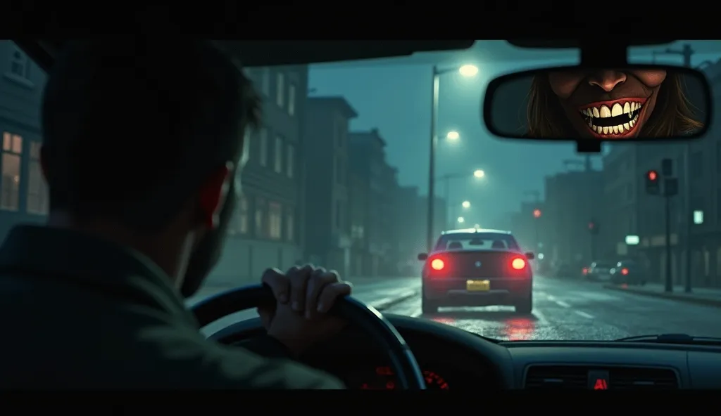 The car nearing the glow of streetlights, with a rearview mirror reflecting a faint, twisted grin. The scene conveys a sense of lingering fear and unresolved horror.