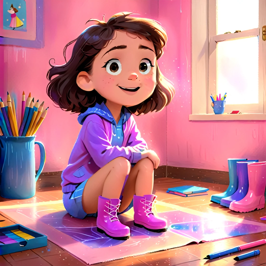 Clara, a girl with brown wavy hair, drawing with crayons, happy expression, wearing blue rain boots, wearing pink and purple clothes. Detailed face, intricate details, colorful crayons, cozy indoor setting, beautiful lighting, soft pastel colors, warm tones, cinematic composition, award winning illustration, highly detailed, photorealistic, 8k, masterpiece, professional, award winning, cinematic lighting, soft focus, beautiful composition, consistent character. The illustration should be simple and clean. The style of the illustration resembles a classic children's book, combining a Disney cartoon and watercolor illustration but with thick lines outlining the image.