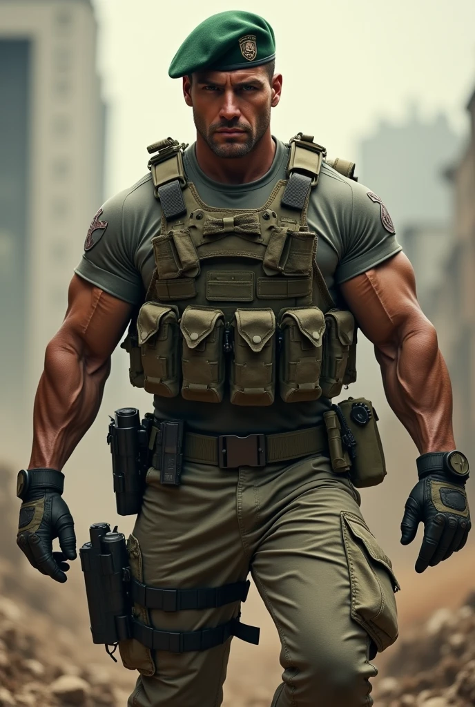 A very handsome big muscular man wearing a soldier combar uniform, with tactical gloves and spec ops green beret, rolled up sleeves, showing biceps, background a battlefield