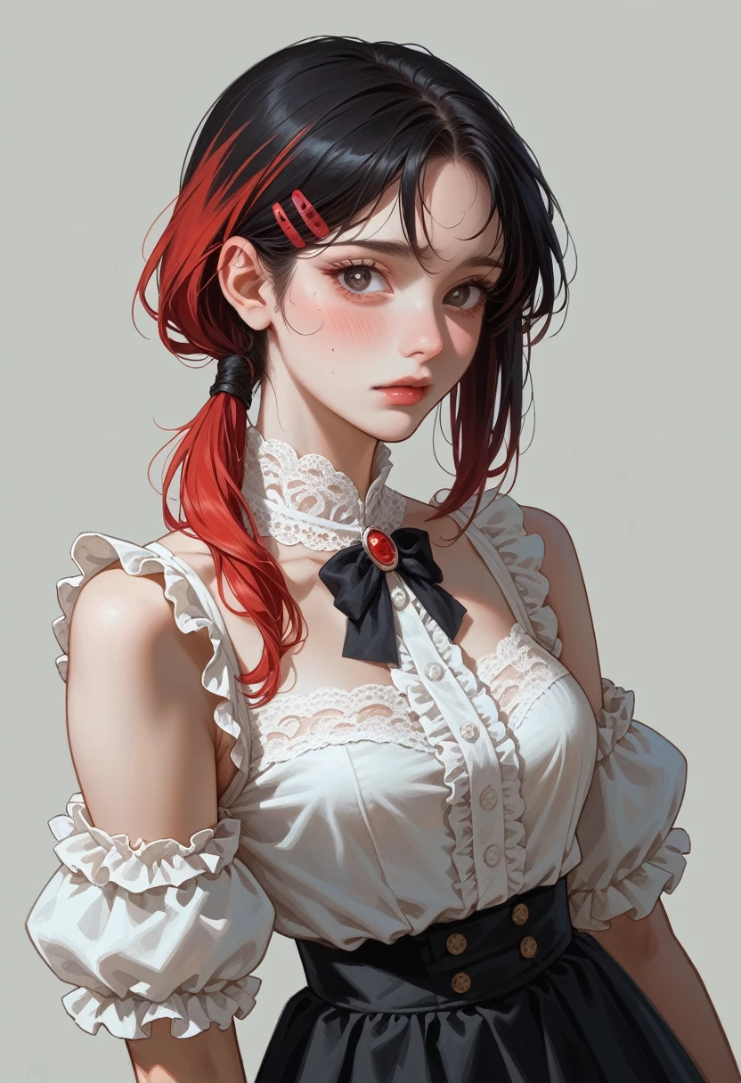 Create an image of a character with long black hair styled in a low ponytail, featuring loose strands and vibrant red hair clips for color. She has a soft, oval face with large dark eyes that convey shyness and vulnerability, complemented by clear skin with a subtle blush. Dressed in a white blouse with frills and intricate lace detailing, accented by a black bow at the neck, she wears a wide black skirt with ruffles at the hem, adorned with a white lace trim. The overall color palette includes striking whites and blacks with delicate lace accents. The background is dark, enhancing the contrast to focus on her elegant and detailed attire, creating a dynamic and visually engaging atmosphere.