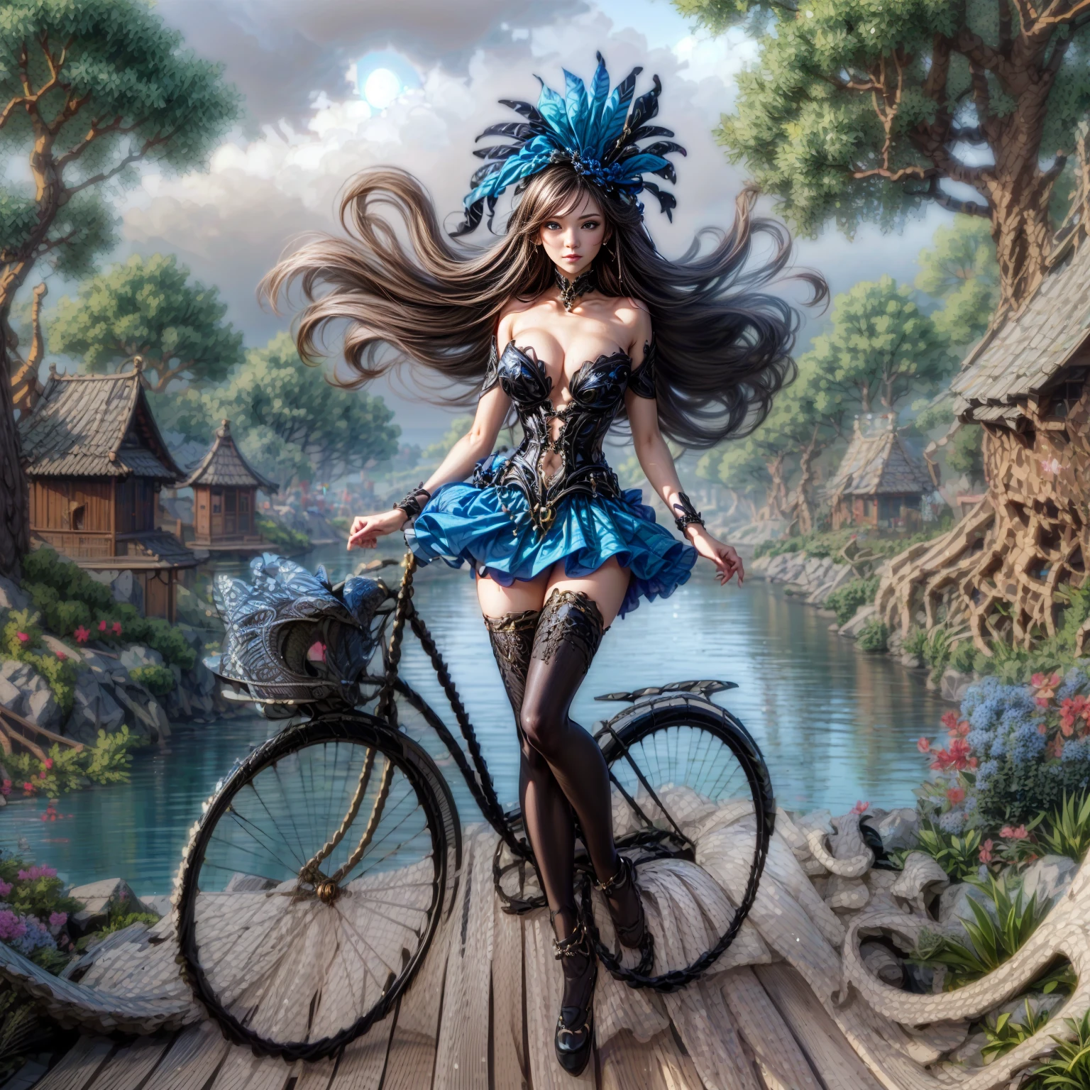 (Extreme HDR) (brightness FX) Photo of an asian woman gigantic Breast 'white skin' with long hair flowing in the wind, wearing a black batik patterned costume, a V-cut strapless corset style batik dress made of carbon patterned satin, a very narrow and stiff V-cut waist decorated with blue jewels, a luxurious long skirt, looks beautiful and stunning, very realistic and detailed, with a royal palace in the background, sitting on a boat, behind it is a blue moon. hyper realistic, hyper detail clothing, Detailed gemstones, masterpiece, best quality:1.2),,(8k,highres,RAW photo,realistic,photo-realistic:1.3),(detailed skin texture,detailed cloth texture, beautiful detailed face:1.25),professional lighting,photon mapping,beautiful soft light,radiosity,physically-based rendering,raytracing, model shoot style, model shoot style, (extremely detailed CG unity 8k wallpaper), full shot body photo of the most beautiful artwork in the world (NSFW), (Nude), (Naked), (carbon fiber corset) (green veiny breast) (steampunk corset) (glowing dress) (blue moon) (cloud) 