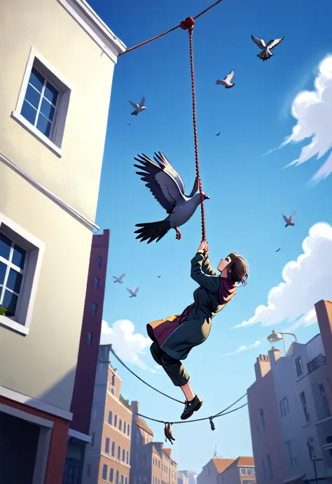 a hyperrealistic photo of a person tied to rope hanging straight down from a flying pigeon, a person hanging off that rope, also...