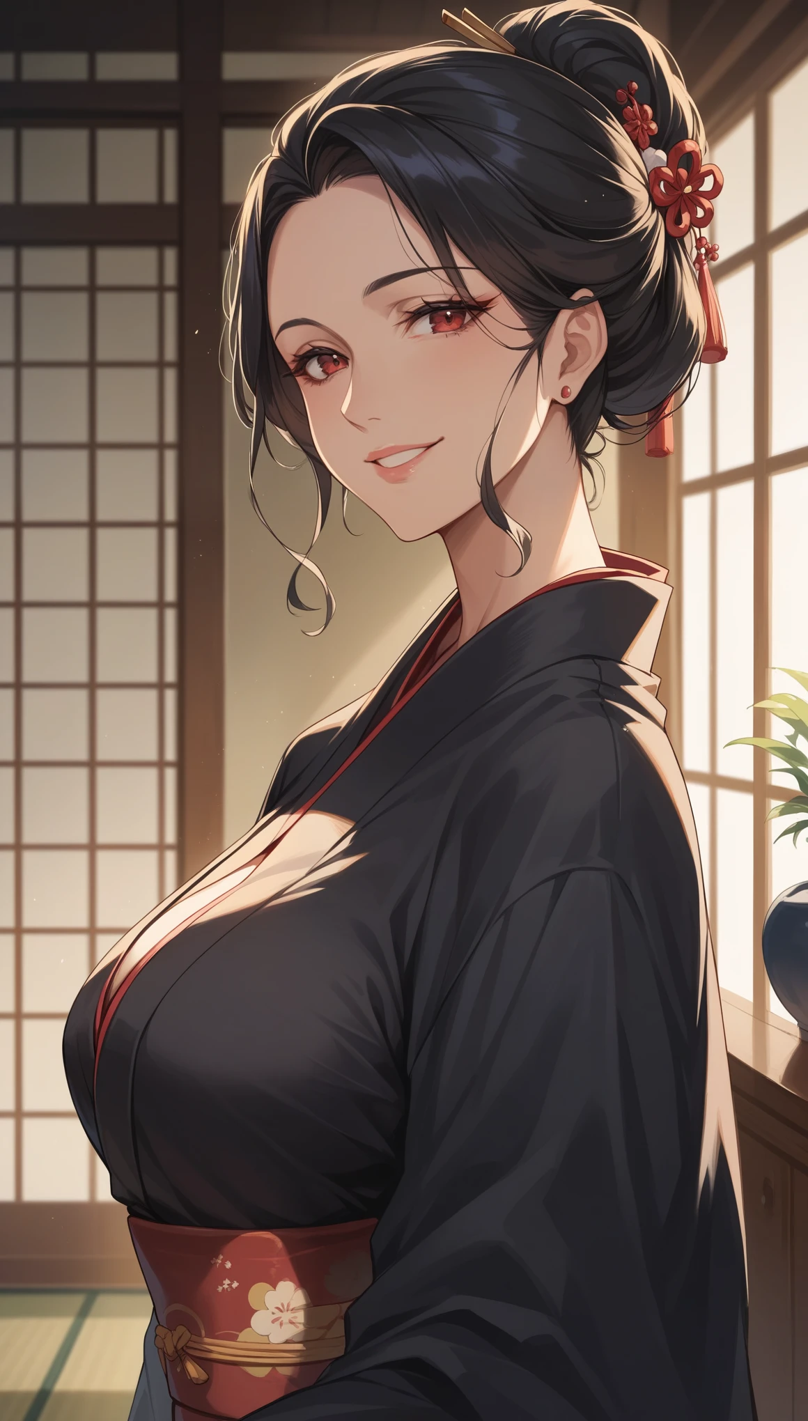 masterpiece, high resolution, beautiful detailed, Black kimono, Mature Woman:1.4, Sexy smile, Black Hair, red eyes, big_breasts, Updo, Japanese-style room.