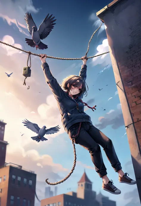 a hyperrealistic graffiti of a person tied to rope hanging straight down from a flying pigeon, a person hanging off that rope, a...