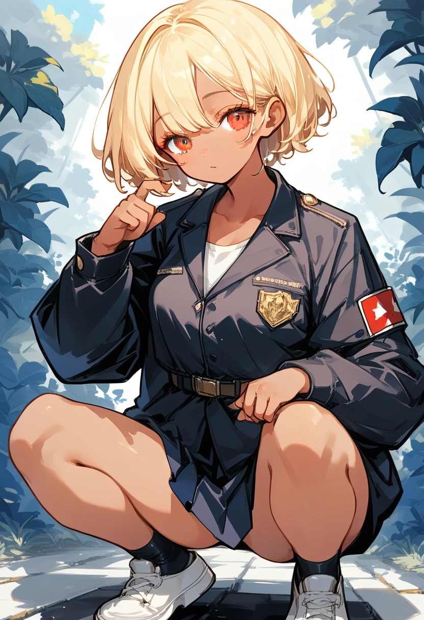 (highest quality, High resolution, perfect pixel, Depth of the bounds written, 4K), beautiful anime girl, beautiful art style, 
looking at the viewer,perfect body,high school girl,JK,Military jacket,The jacket is off,Blonde,dark skin,short hair,squat,