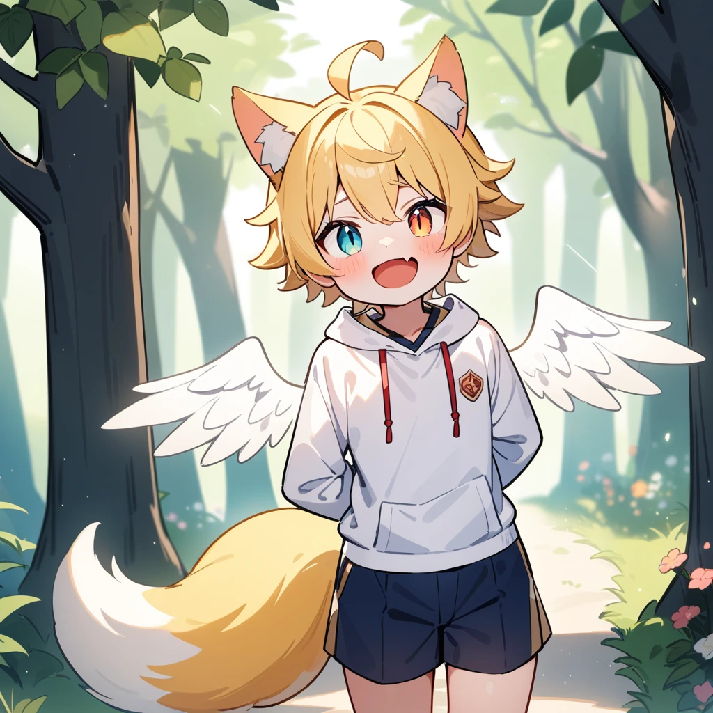 （masterpiece：1.2，high quality），8k，High resolution，A seven-year-old boy，cute boy，blonde hair，short hair， heterochromia，slit pupils， ahoge，cat ears，（Halation），laughing，skin fang，There are white angel wings behind，Wearing a white hoodie，Dark blue shorts，Stand in the forest，There are flowering trees on both sides.，primary school student，thigh，fox tail，alone，((Hands behind your back))