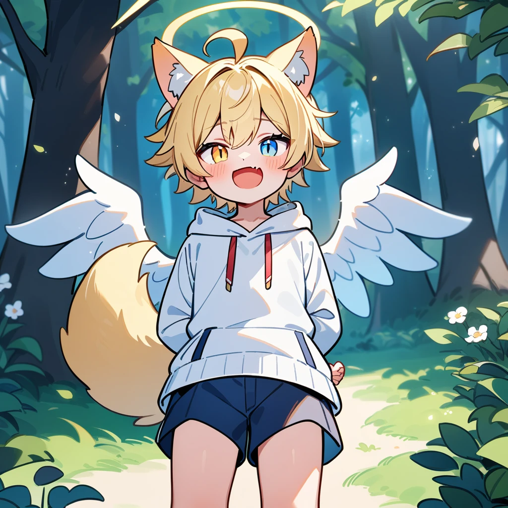 （masterpiece：1.2，high quality），8k，High resolution，A seven-year-old boy，cute boy，blonde hair，short hair， heterochromia，slit pupils， ahoge，cat ears，Halo on the head，（Halation），laughing，skin fang，There are white angel wings behind，Wearing a white hoodie，Dark blue shorts，Stand in the forest，There are flowering trees on both sides.，primary school student，thigh，fox tail，alone，((Hands behind your back))