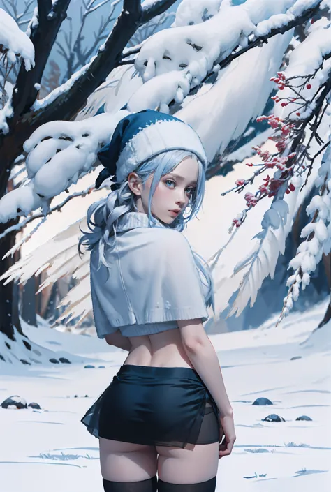 silver hair, (rear view, rear view),(highest quality,high resolution,very detailed,actual),target,a world covered in silver, sno...