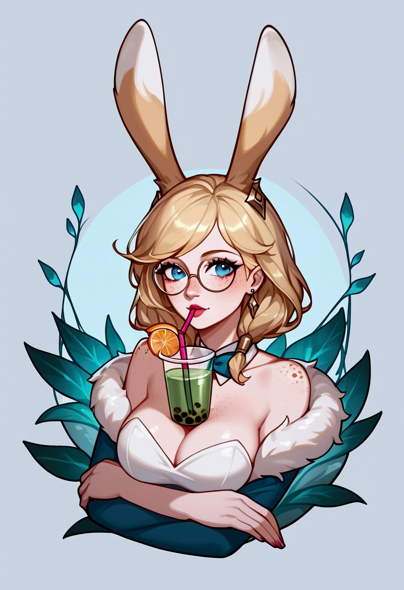 score_9, score_8_up, score_7_up, Aurora (league of legends), 1 girl, blue eyes, round glasses, freckles, bunny ears, blonde hair, sexy, full body, sitting on the sand with the water behind her, squinty eyes, earrings, long eyelashes, sexy, big bust, beautiful face, boba tea, on the beach