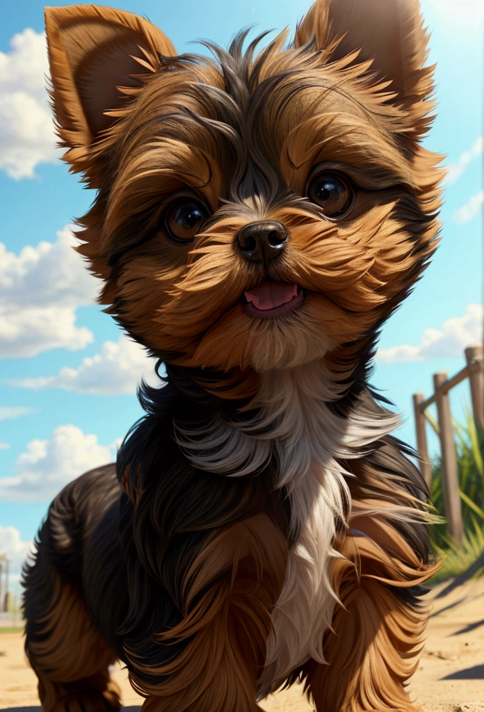 yorkie terriors, summer sun, realistic details and 4k resolution 