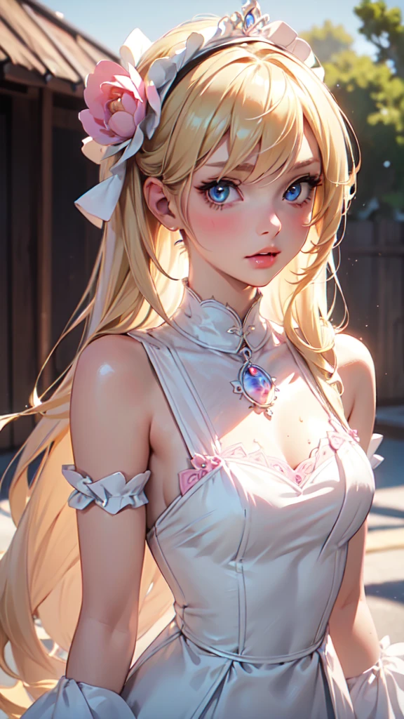 1girl, solo, elegant hair (upper body: 1.1), (side at the viewer: 1.1), filmg , sweet_lolita, Best quality, masterpiece, blond hair, blue eyes, Exquisite mouth,Very detailed face, blush, Shiny wet skin, Pink lips, Delicate lips, one piece race queen cosplay outfit, garage background, low lighting