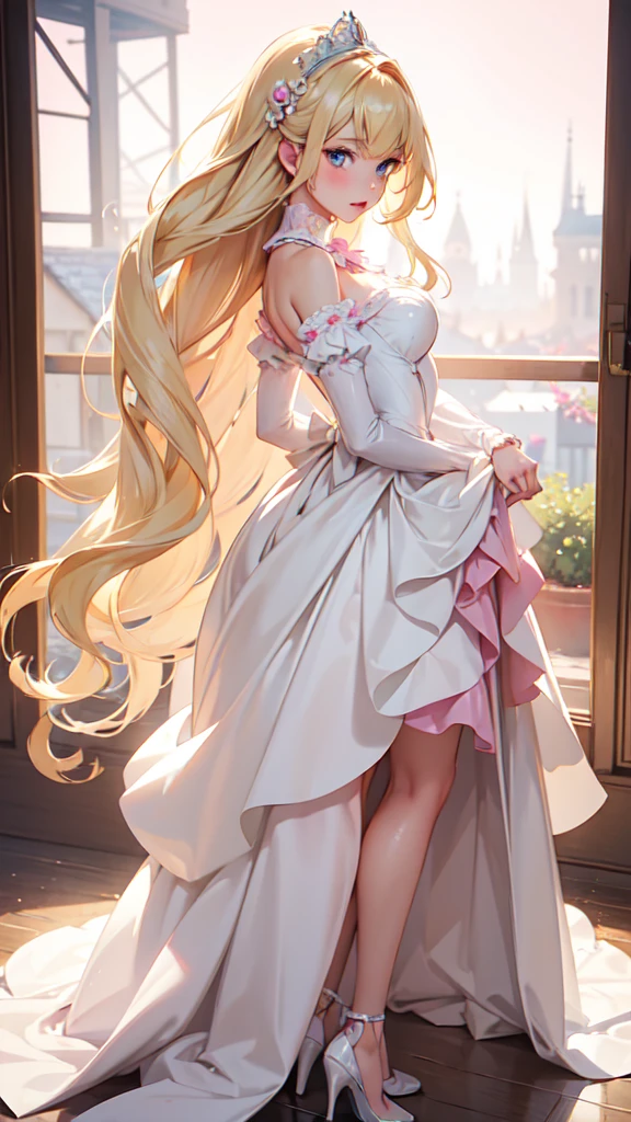 1girl, solo, elegant hair (full body: 1.1), (side at the viewer: 1.1), filmg , sweet_lolita, Best quality, masterpiece, blond hair, blue eyes, Exquisite mouth,Very detailed face, blush, Shiny wet skin, Pink lips, Delicate lips, one piece race queen cosplay outfit, garage background, low lighting