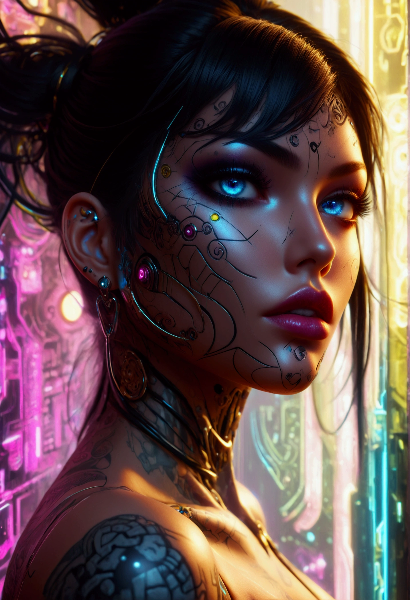 beautiful digital artwork, beautiful digital art, detailed beautiful face, 8k high quality oled detailed art, very beautiful digital art, digital art. highly detailed, beautiful detailed body, Create a hyper detailed photograph of a perfectly simetrical tattooed curved drop dead gorgeous cyberpunk 2077, Stunningly perfect gorgeous feminine face, bold, dramatic eyes, bold Eye Makeup, dramatic eyes, smudging layering and blending to dramatic, detailed vibrant neon glowing eyes, long hair, Focus on Skin A smooth even base is essential Makeup primers foundations and concealers Highlighting and Contouring to achieve a flawless canvas natural-looking, radiant glow, Gentle facial curves, Fuller cheek bones, Smaller and wider-set eyes, Less pronounced jawline, Symmetry perfection Proportion facial features, sexual curved heart shaped mouth, long beautiful tattooed legs, beautiful tattooed arms, perfect feminine curved body figure, detailed silky smooth skin, gigantic huge breasts, perfect heart shaped ass, beautiful long tattooed legs, Wearing cybernetics cyberpunk 2077 lingerie Jewels, fullbody view, showing complete body,