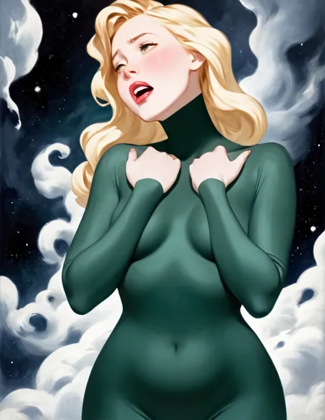 oil painted  white woman. her face  also slightly chubby. her body  floating in space .she  wearing a dark green body suit with ...