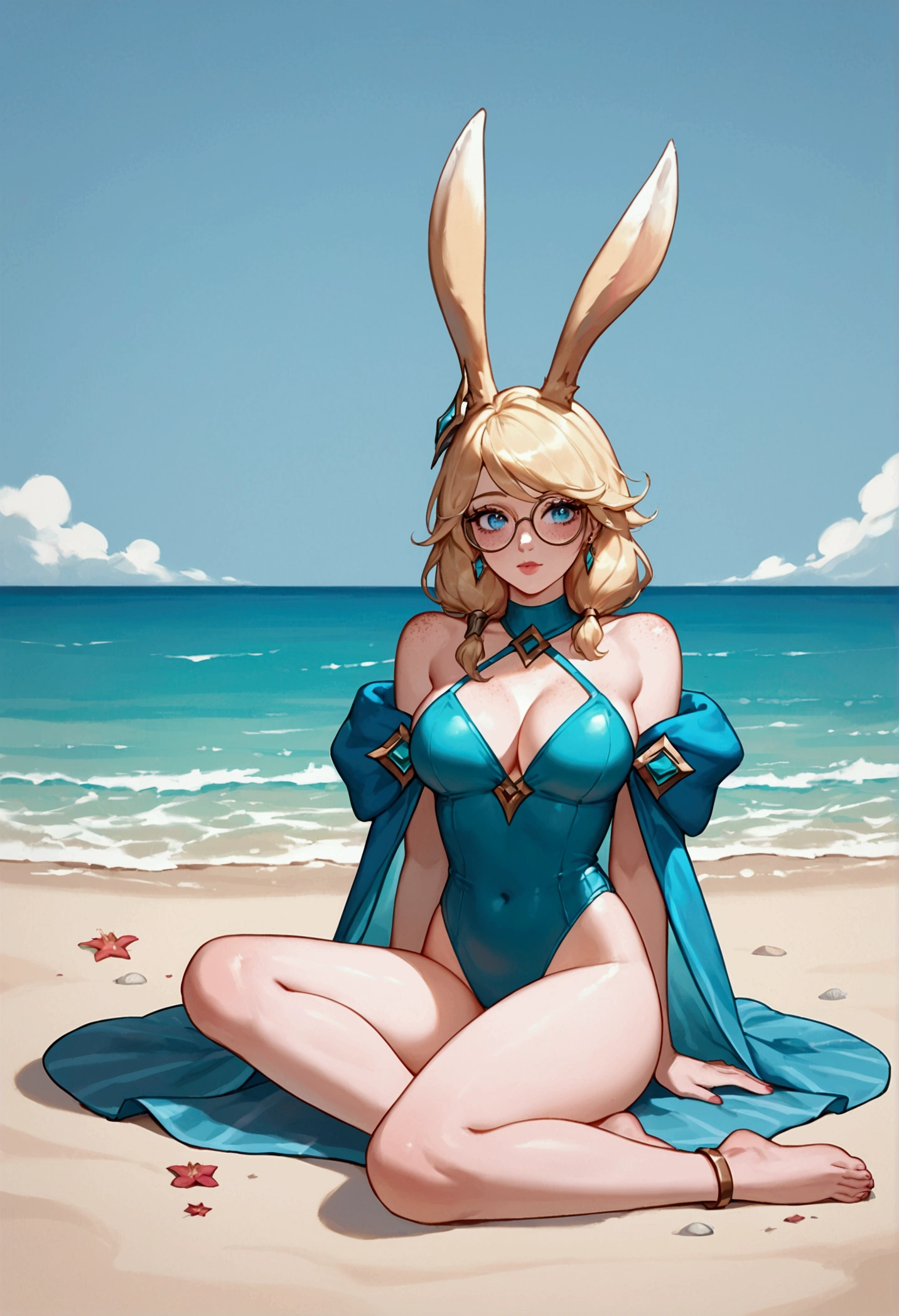 score_9, score_8_up, score_7_up, Aurora (league of legends), 1 girl, blue eyes, round glasses, freckles, bunny ears, blonde hair, sexy, full body, swimsuit, squinty eyes, earrings, long eyelashes, sexy, big bust, beautiful face, boba tea, sitting on the sand at the beach,