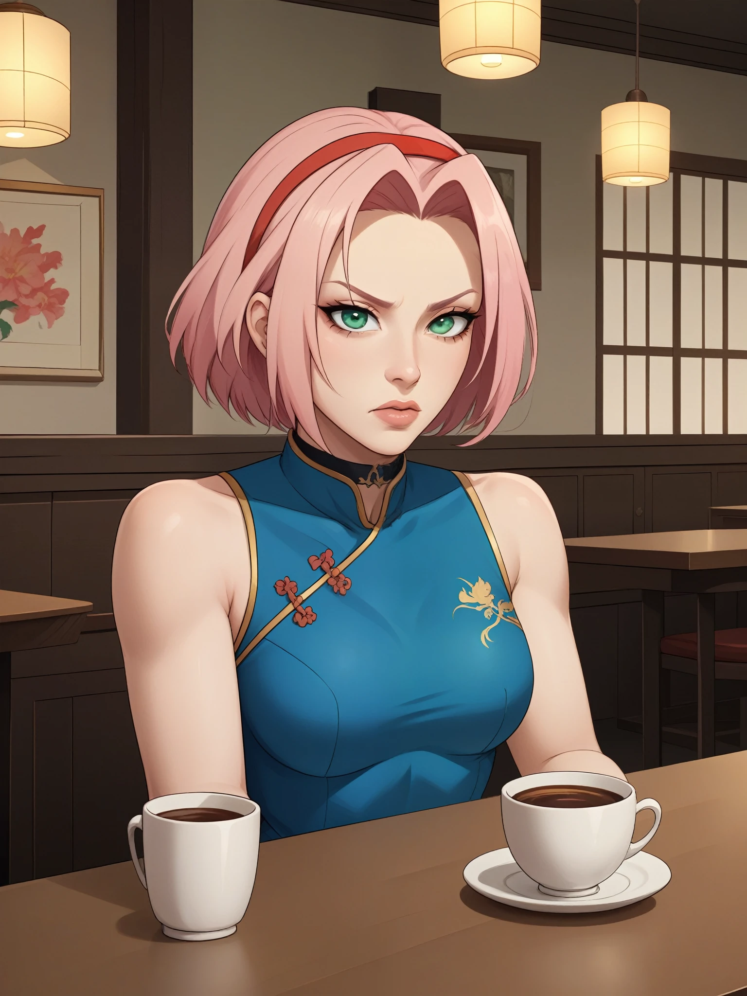 Haruno Sakura.short pale pink hair, large light green eyes, a large forehead, thin lips, small breasts and very fair skin. A disdainfully angry expression on his face. choker. china dress. cafe. a cup of coffee and croissants. sitting. 
