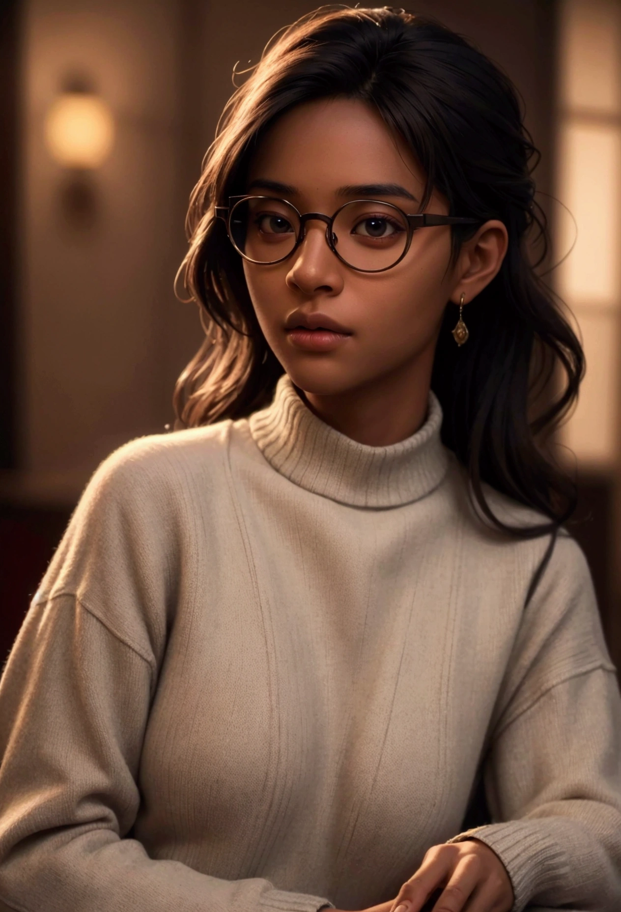 a nerdy guy, wearing round glasses, brown skin, wearing a sweater, (best quality,4k,8k,highres,masterpiece:1.2),ultra-detailed,(realistic,photorealistic,photo-realistic:1.37),detailed face, beautiful detailed eyes, beautiful detailed lips, extremely detailed eyes and face, longeyelashes, elegant, serious expression, indoor setting, warm lighting, soft colors, cinematic composition, intricate details, digital painting