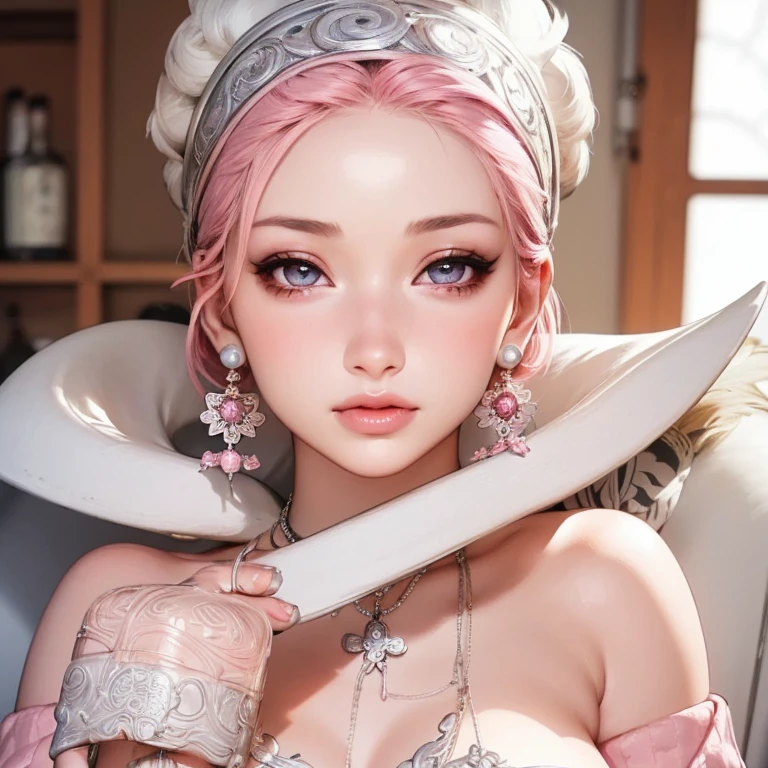 a beautiful detailed portrait of a pink-haired girl Sakura Haruno, wearing a black skirt, off-the-shoulder sweater, pearl earrings, and a wrist watch, beautiful detailed eyes, beautiful detailed lips, extremely detailed face and features, long eyelashes, full body closeup in living room, holding a bottle of sake, blushing face, cinematic lighting, shallow depth of field, intricate details, best quality, official art, artstation trending