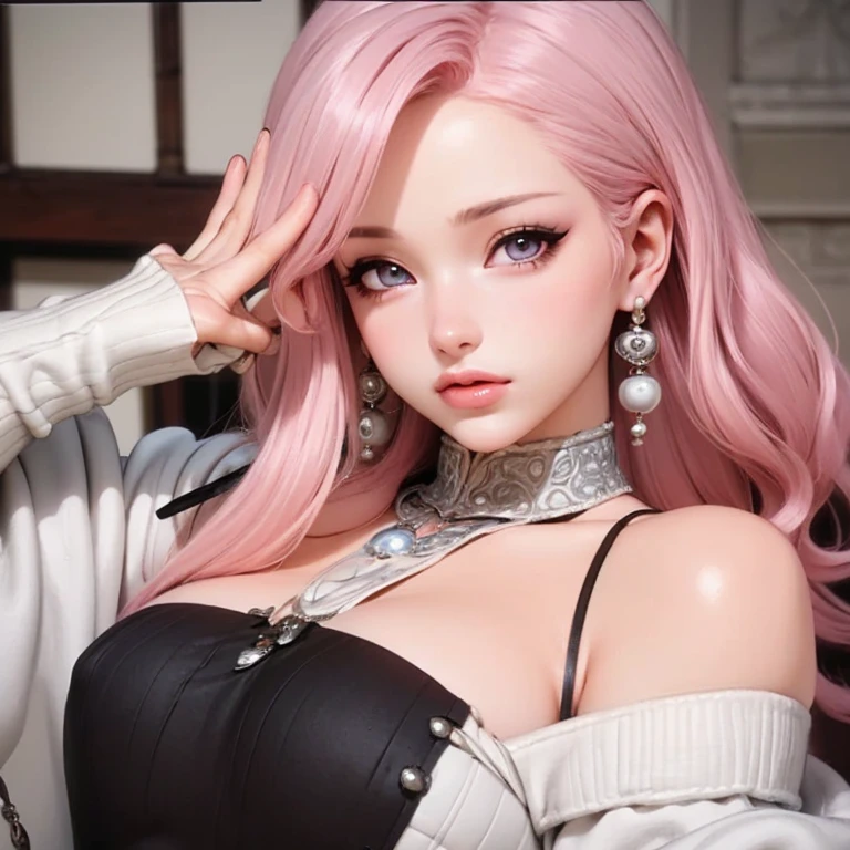 a beautiful detailed portrait of a pink-haired girl Sakura Haruno, wearing a black skirt, off-the-shoulder sweater, pearl earrings, and a wrist watch, beautiful detailed eyes, beautiful detailed lips, extremely detailed face and features, long eyelashes, full body closeup in living room, holding a bottle of sake, blushing face, cinematic lighting, shallow depth of field, intricate details, best quality, official art, artstation trending