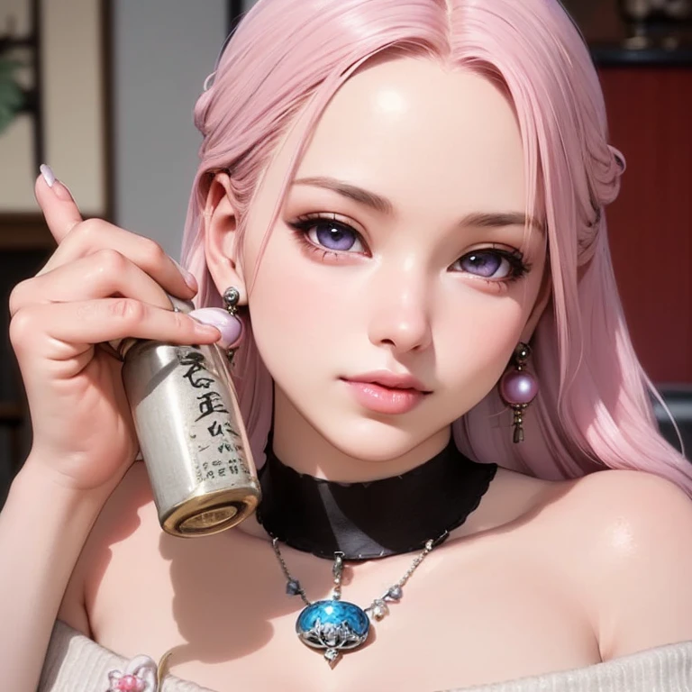 a beautiful detailed portrait of a pink-haired girl Sakura Haruno, wearing a black skirt, off-the-shoulder sweater, pearl earrings, and a wrist watch, beautiful detailed eyes, beautiful detailed lips, extremely detailed face and features, long eyelashes, full body closeup in living room, holding a bottle of sake, blushing face, cinematic lighting, shallow depth of field, intricate details, best quality, official art, artstation trending