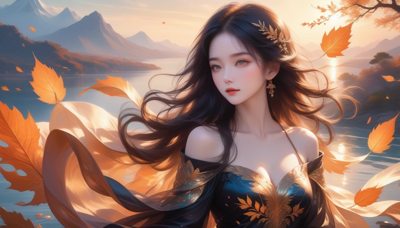 A Masterpiece In 32K Resolution, Supreme Quality, Super Detail, Official Art, Very High-Resolution 32K Wallpaper, Exquisite And Aesthetic, Ultra-Detailed Features, Awe-Inspiring Detail. A Mystical Landscape With (Falling Leaves), (Intricate Wind Patterns), And Skin With A Soft, Velvet Sheen (Highlight Her Ample Breasts). A Character With A Mysterious Expression, Flowing Black Hair, Slightly Tousled But Majestic, And Golden Eyes That Seem To Pierce Through The Soul. Her Features Are Delicate And Alluring, Lit By (Warm Sunset Glow). (Beautifully Detailed Beauty), With Subtle Shifts In Expression, Surrounded By An Otherworldly Aura. The Reflections On The Water Echo The Fine Details Of The Surroundings, With A (Timeless Face) Captured To Perfection. This Is An Ultra-Detailed Painting Of A Strikingly Delicate Figure, Showcasing An Ethereal Charm That Captivates The Viewer.