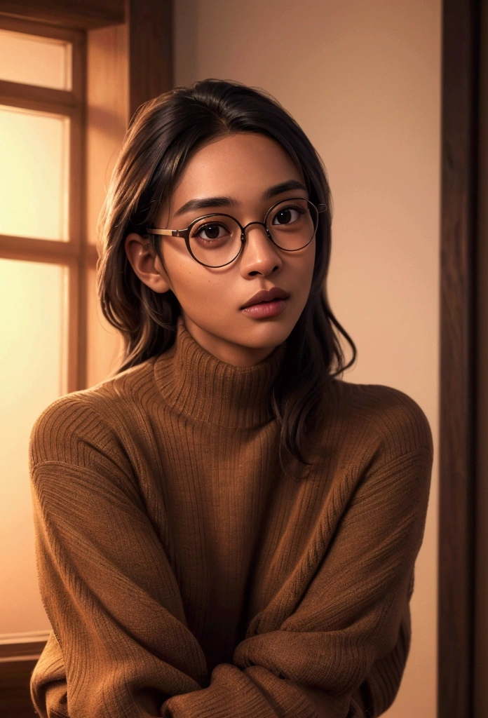 a nerdy guy, wearing round glasses, brown skin, wearing a sweater, (best quality,4k,8k,highres,masterpiece:1.2),ultra-detailed,(realistic,photorealistic,photo-realistic:1.37),detailed face, beautiful detailed eyes, beautiful detailed lips, extremely detailed eyes and face, longeyelashes, elegant, serious expression, indoor setting, warm lighting, soft colors, cinematic composition, intricate details, digital painting