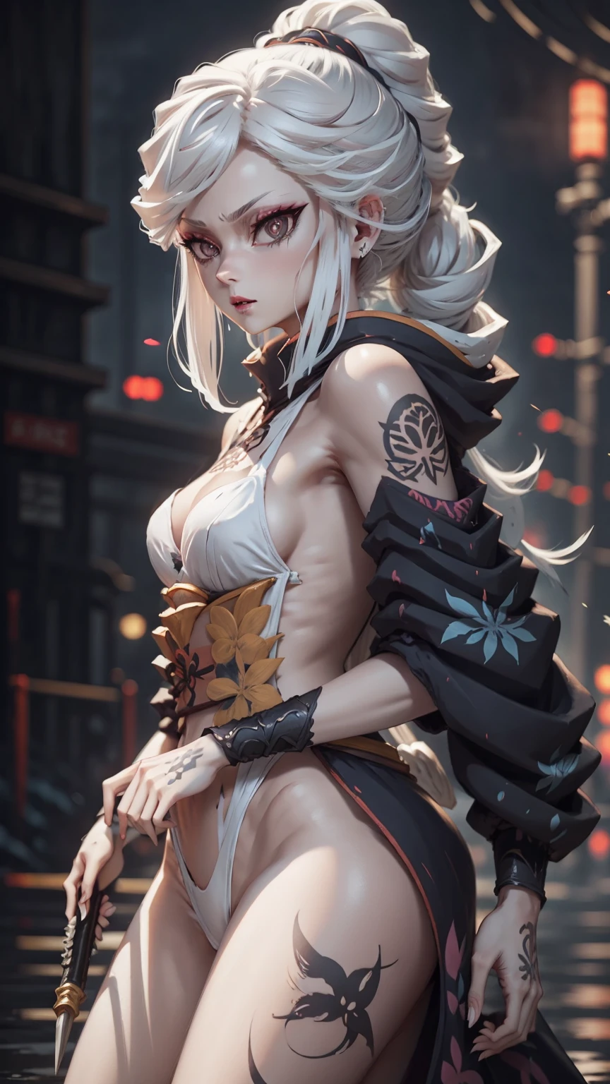 (best quality,highres),a white-haired female samurai with tattoos standing in the middle of a neon-lit street,neon lights,glowing signs,reflections on the wet pavement,abstract patterns,graffiti,urban landscape,tall buildings,moody atmosphere,distant futuristic skyline,shadows and highlights,sharp details,vibrant colors,anime style,deep colors and contrasts,nighttime city lights,urban grittiness,determined expression,strong stance,(Katana raised),adorned armor and weapon,glimmering tattoos,flowing hair,bright and bold composition,striking visual impact,mysterious aura,ethereal glow