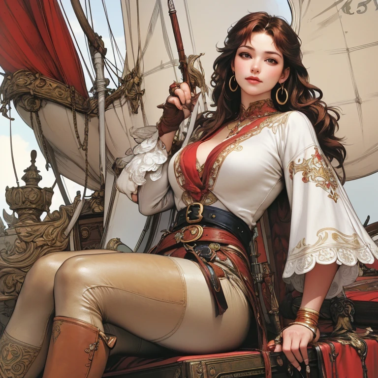 a 30 year old redheaded female pirate captain, wavy shoulder-length hair, red bandana, large gold hoop earrings, loose white long-sleeved blouse, brown leather vest, belt with large square buckle, long brown pants, worn leather boots, holding a cutlass in a dramatic pose, on the deck of a pirate ship in the Caribbean, colorful, vivid, photorealistic, 8K, Impressionism, Illustration, Art Nouveau, by Alfons Mucha, anatomically correct, high resolution, masterpiece, best quality, super detailed