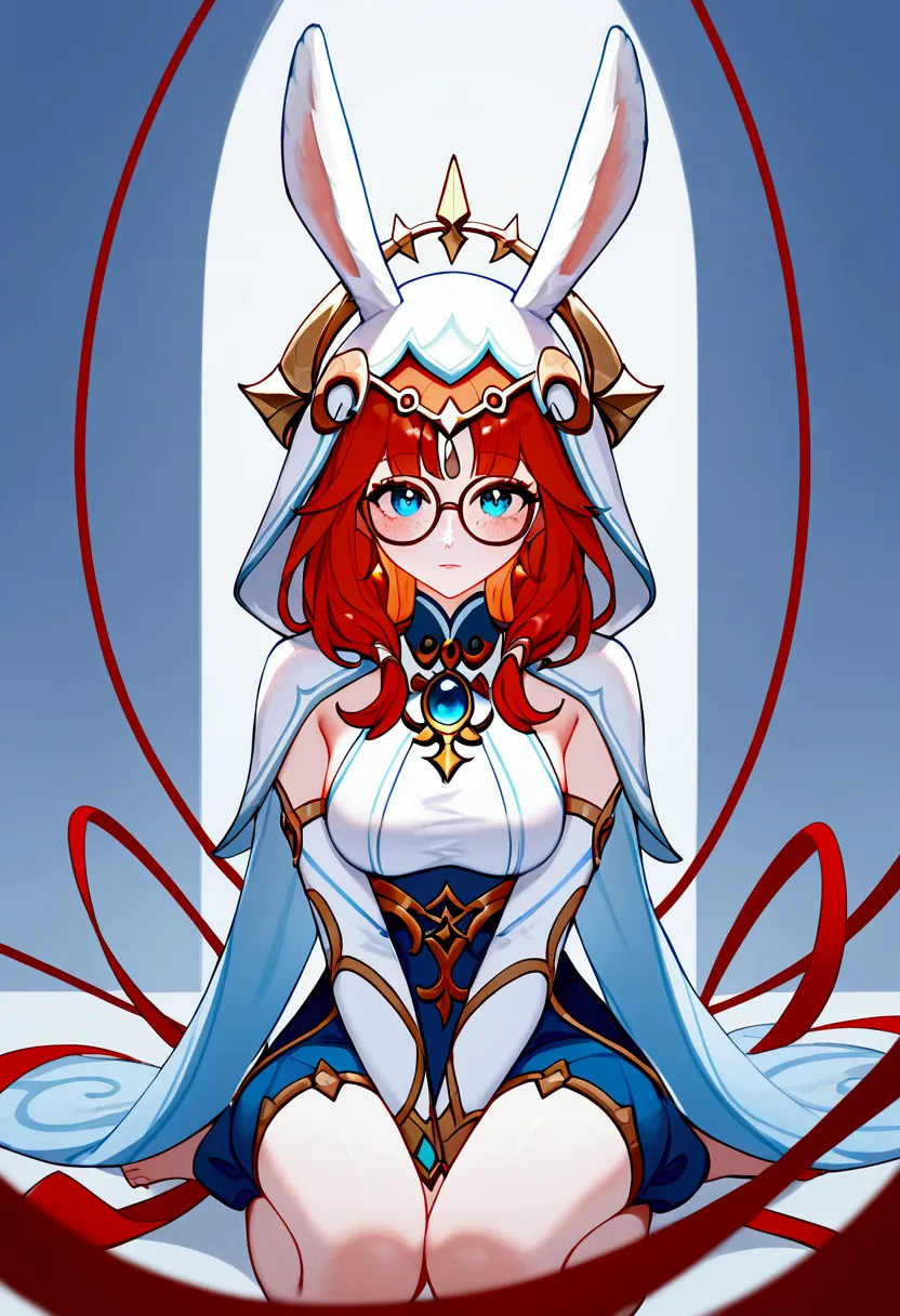 score_9, score_8_up, score_7_up, aurora (league of legends), 1 girl, blue eyes, round glasses, freckles, bunny ears, red hair, s...