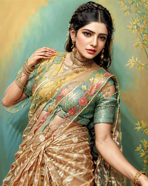 masterpiece,8k uhd, hdr, realistic, hyper realistic, intricate, vibrant colour, painting of a woman in a yellow sari, beautiful ...