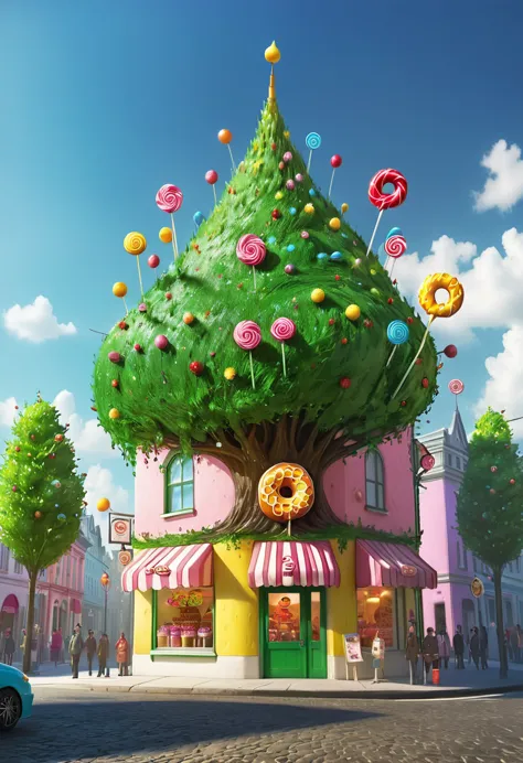 general shot: 1.5, ((city of sweet cake and candy buildings: 1.7)), (( candies, tree-shaped lollipops, donut-shaped sun, beautif...