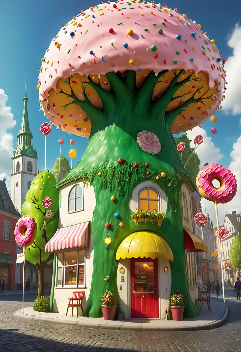 general shot: 1.5, ((city of sweet cake and candy buildings: 1.7)), (( candies, tree-shaped lollipops, donut-shaped sun, beautiful candy colors: 1.6)), ultra-realistic, photorealistic CG K : 1.4, skin texture: 1.4, masterpiece: 1.4, ((hyper detailed, epic, beautiful, creative and imaginative image: 1.6)), 8k.