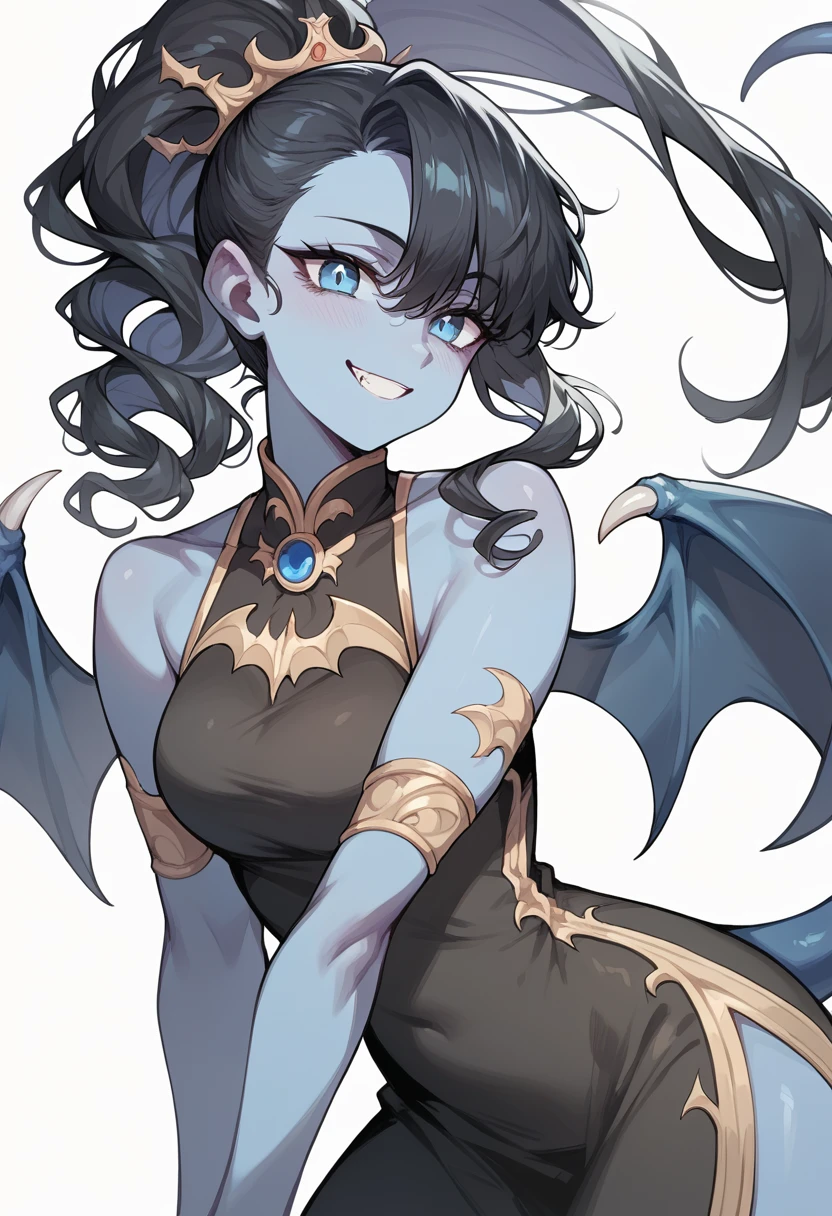 Blue skinned woman,long black hair tied in a ponytail(Curly, bangs, long), blue eyes, blue tail, giant black bat wings, black dress,Smile, 