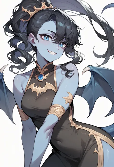 blue skinned woman,long black hair tied in a ponytail(curly, bangs, long), blue eyes, blue tail, giant black bat wings, black dr...