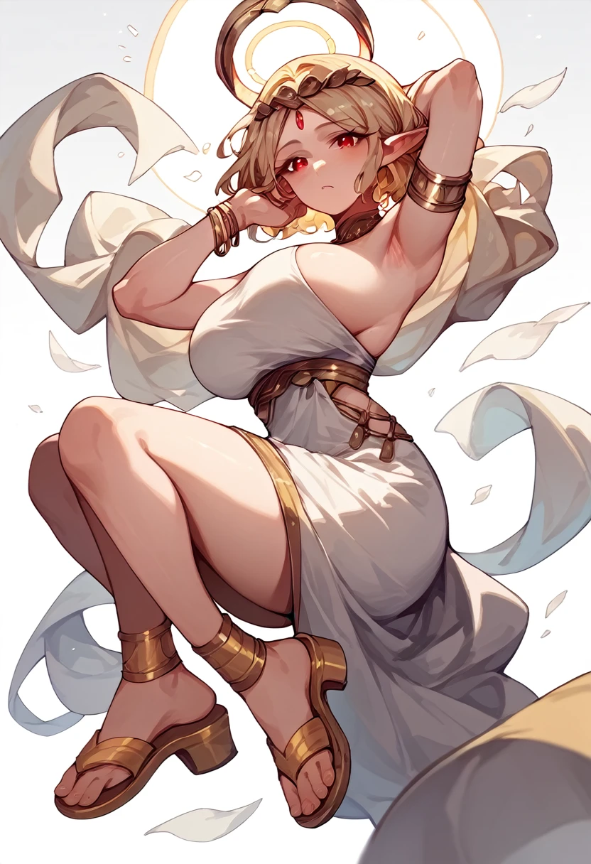 Woman, fair skin, Short light blonde hair (Wavy), red eyes, halo behind the head emitting light, white Greek clothes, golden sandals,Golden tiara on the forehead,golden bracelets,Pointy ears sticking out of the hair , large breasts 