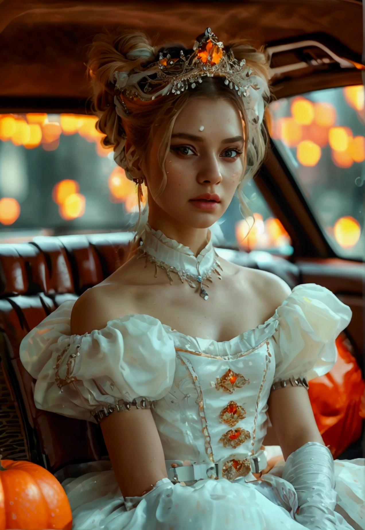 A beautiful girl in a white princess dress with a weapon belt, double bun hairstyle with slime hair, sitting in a limousine, pumpkin orange color scheme, (best quality,4k,8k,highres,masterpiece:1.2),ultra-detailed,(realistic,photorealistic,photo-realistic:1.37),HDR,UHD,studio lighting,ultra-fine painting,sharp focus,physically-based rendering,extreme detail description,professional,vivid colors,bokeh,concept art