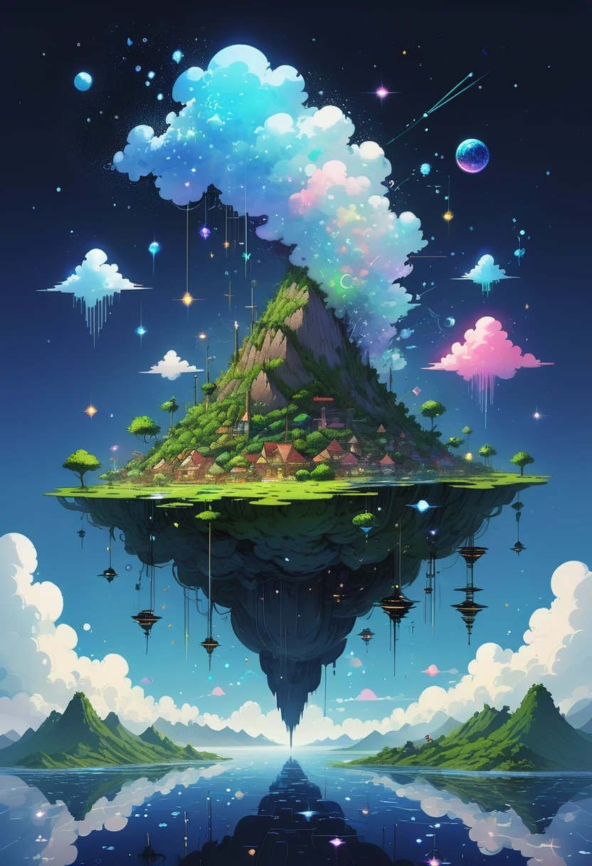 A surreal dreamscape unfolds, where floating islands made of pixelated clouds drift in a sky filled with glitching constellations. In the center, a surreal creature composed of code and circuitry contemplates its existence.